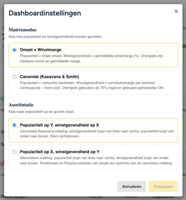 Het venster Dashboardinstellingen met beide matrixmodi en beide asoriëntaties