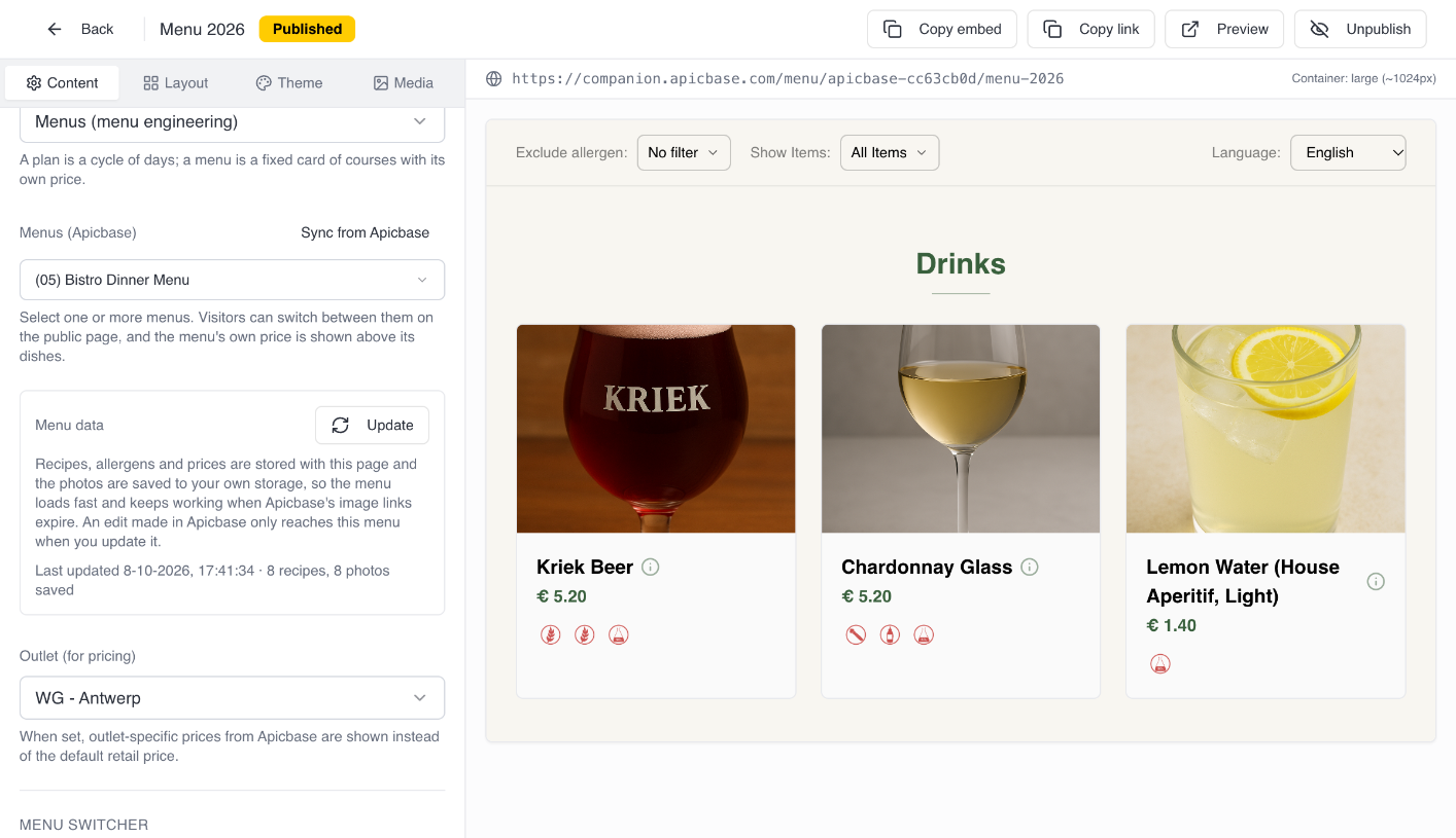 The editor's Content tab with the selected menu, the Menu data box with the Update button and Outlet (for pricing), next to the live preview