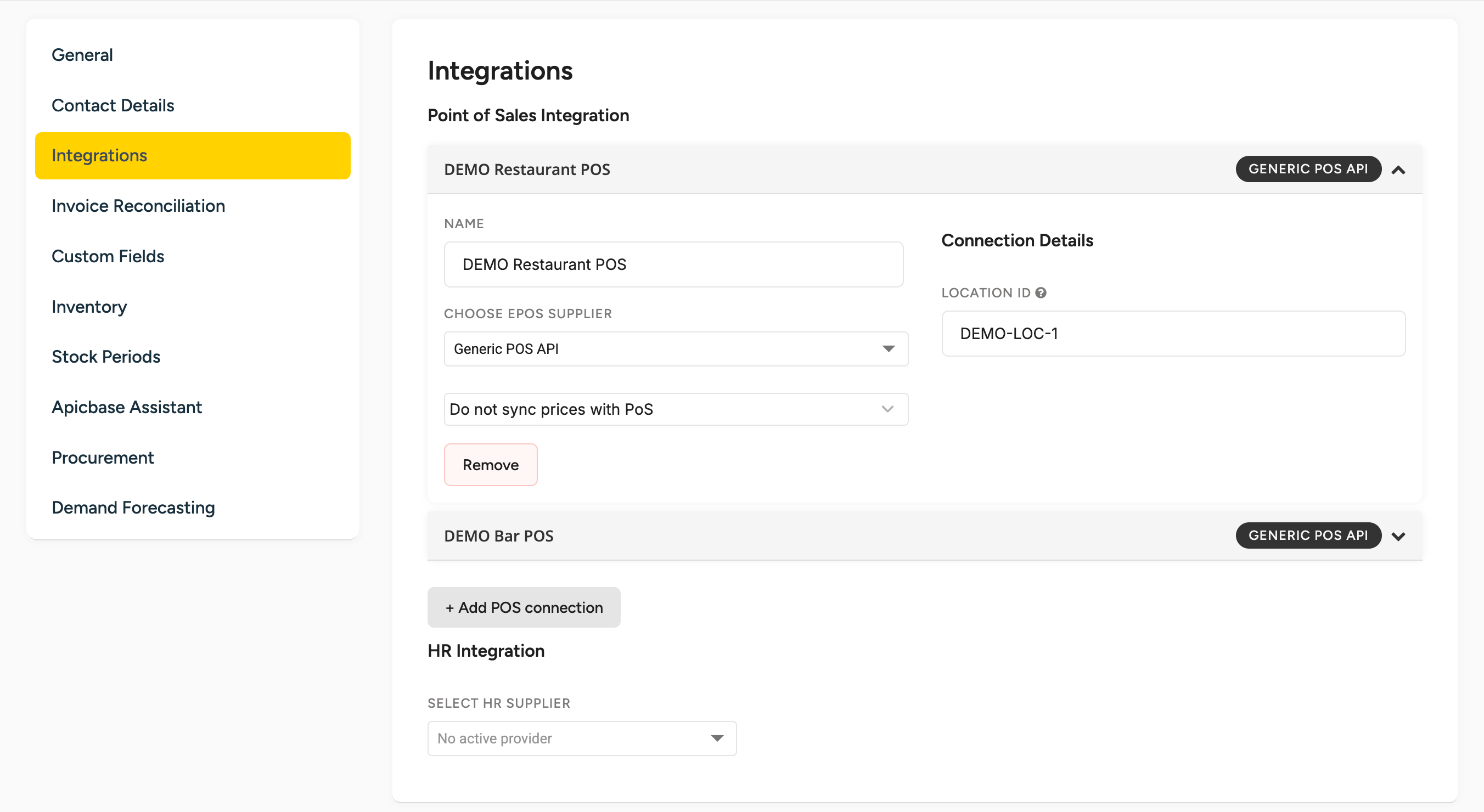 Outlet settings, Integrations tab: the Point of Sales Integration section with two POS connection cards, DEMO Restaurant POS and DEMO Bar POS, and the + Add POS connection button