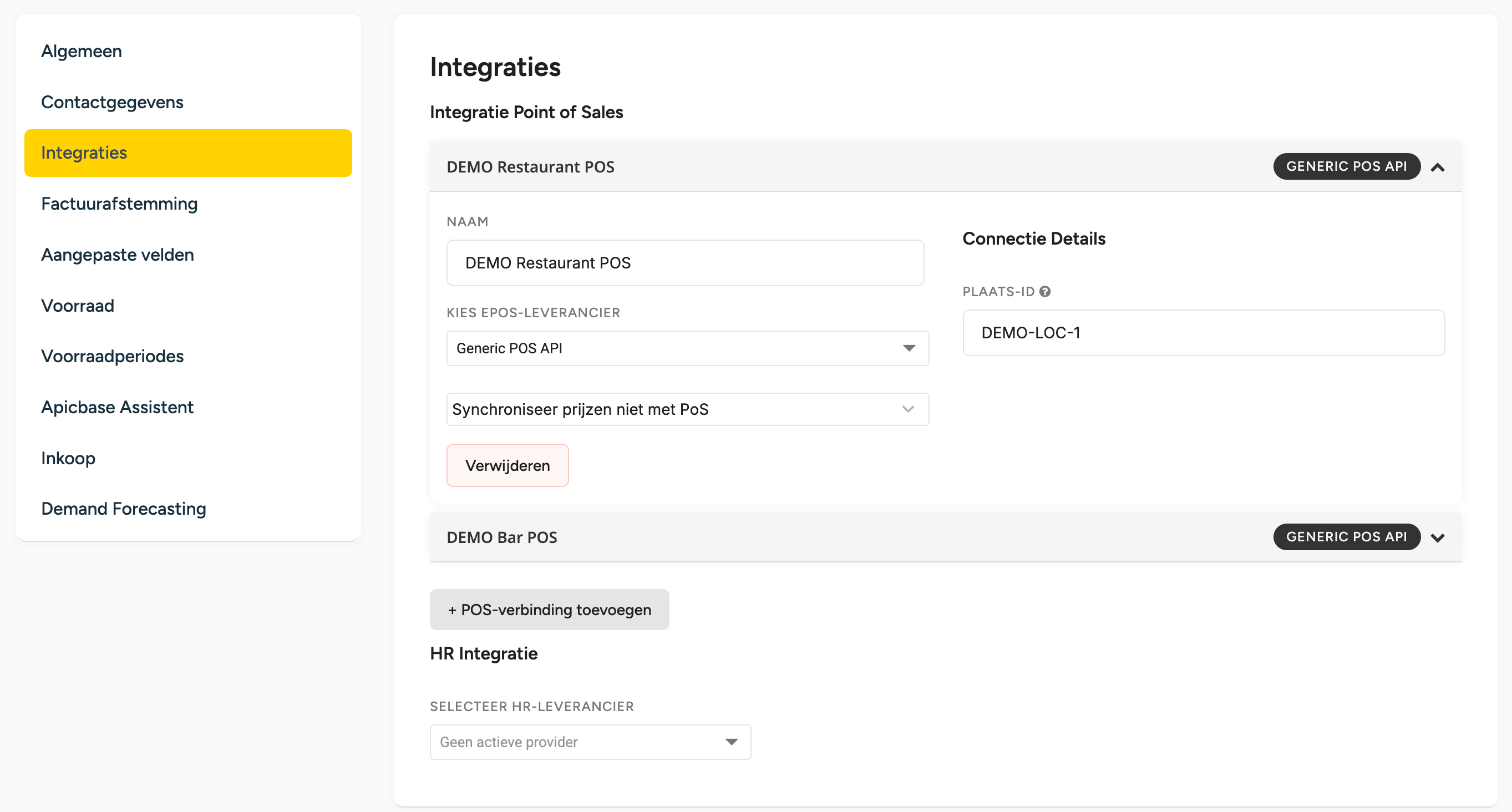 Filiaalinstellingen, tabblad Integraties: de sectie Integratie Point of Sales met twee POS-verbindingskaarten, DEMO Restaurant POS en DEMO Bar POS, en de knop + POS-verbinding toevoegen