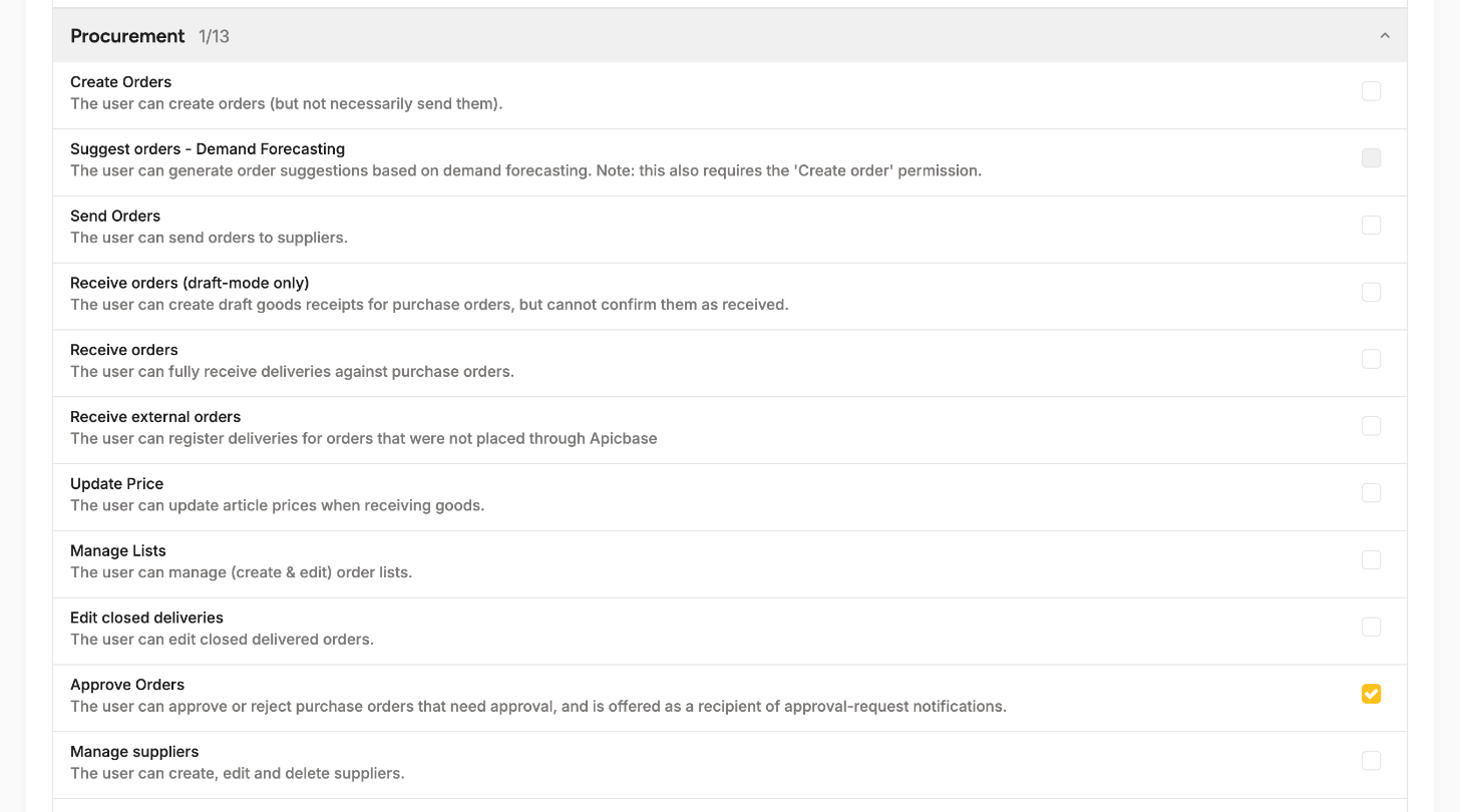 The role editor with the Procurement group open and the Approve Orders checkbox ticked