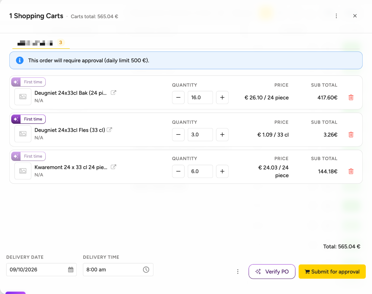 The cart with the notice This order will require approval (daily limit 500 €), three order lines totalling 565.04 € and the Submit for approval button