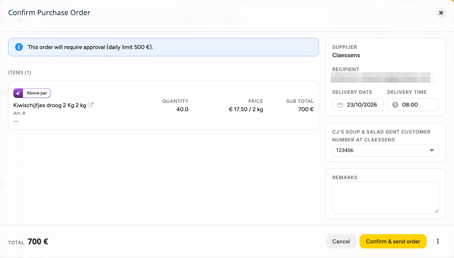 The Confirm Purchase Order window with the notice This order will require approval (daily limit 500 €), the delivery date 23/10/2026, a total of 700 € and the Confirm & send order button