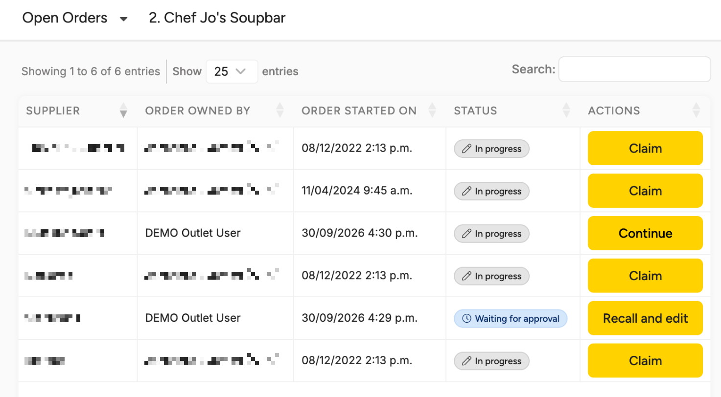 The Open Orders list with one order showing the status Waiting for approval and the Recall and edit button