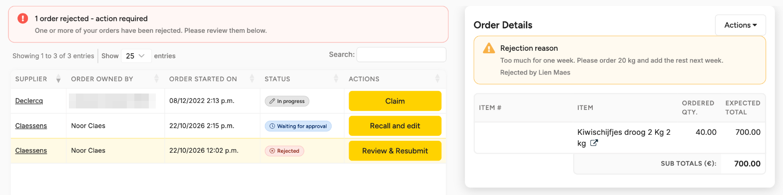 Open Orders with the alert 1 order rejected - action required, the rejected order with the Review & Resubmit button, and the Order Details panel showing the Rejection reason and Rejected by Lien Maes