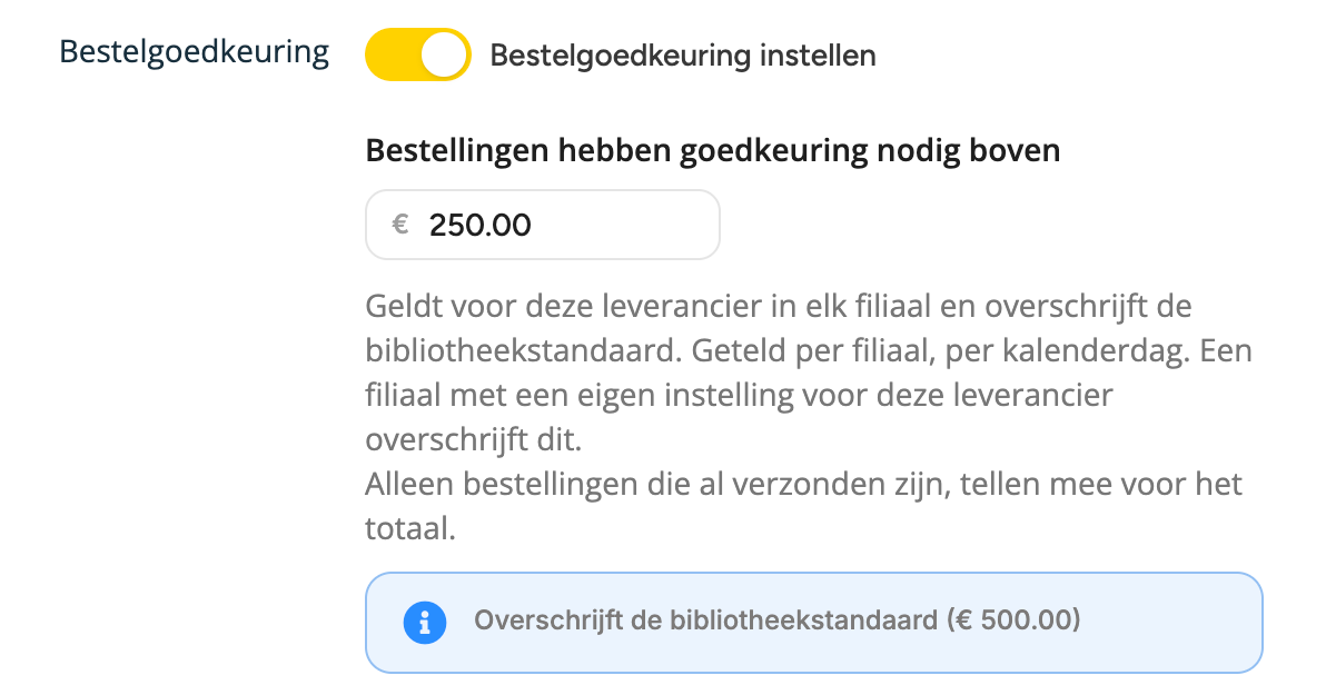 Het venster Leverancier bewerken, rij Bestelgoedkeuring met Bestelgoedkeuring instellen aan, een bedrag van 250.00 en de melding Overschrijft de bibliotheekstandaard (€ 500.00)