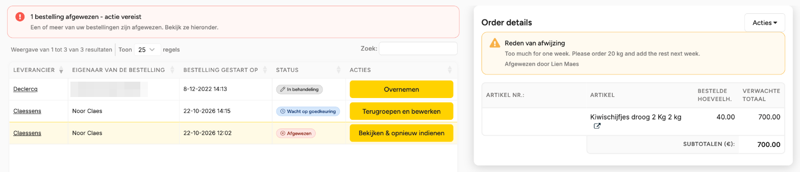 Open bestellingen met de waarschuwing 1 bestelling afgewezen - actie vereist, de afgewezen bestelling met de knop Bekijken & opnieuw indienen, en het paneel met de Reden van afwijzing en Afgewezen door Lien Maes