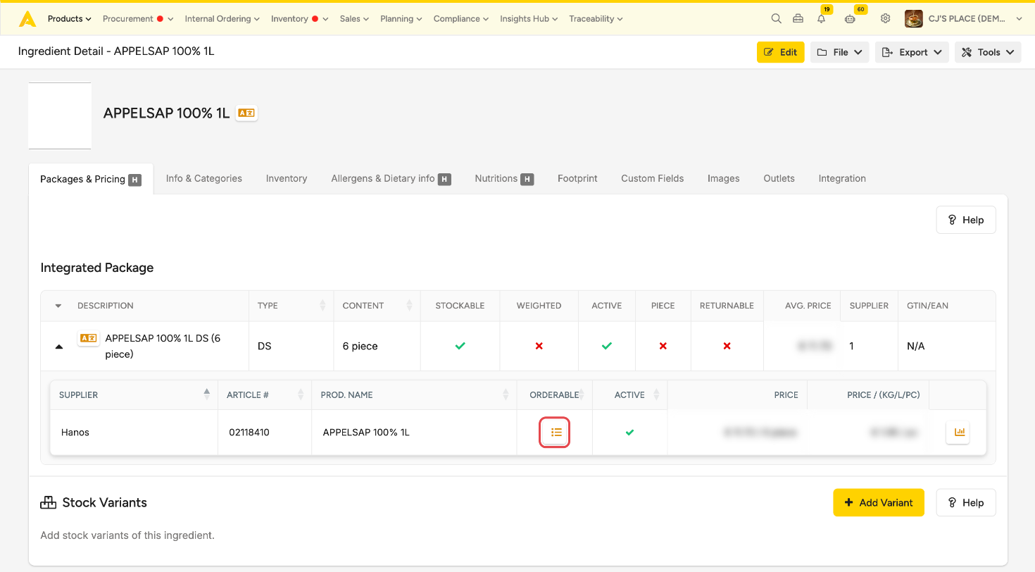 Packages & Pricing tab of an integrated ingredient, package opened, with the button in the Orderable column of the supplier row marked