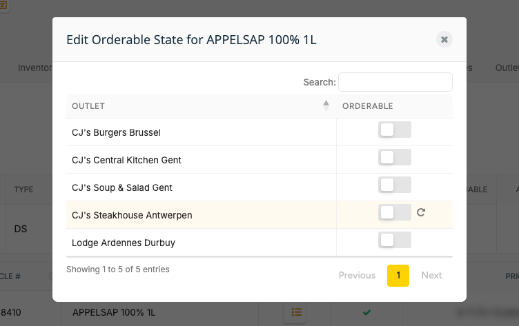 The Edit Orderable State window with one outlet switched off, its row in yellow with the revert arrow
