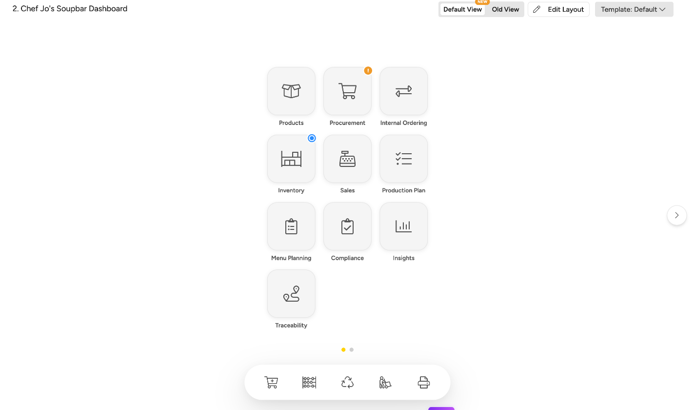 The Main dashboard with the category tiles, an orange warning badge on Procurement, a blue Count in progress dot on Inventory, the quick dock and the Default View switcher in the header