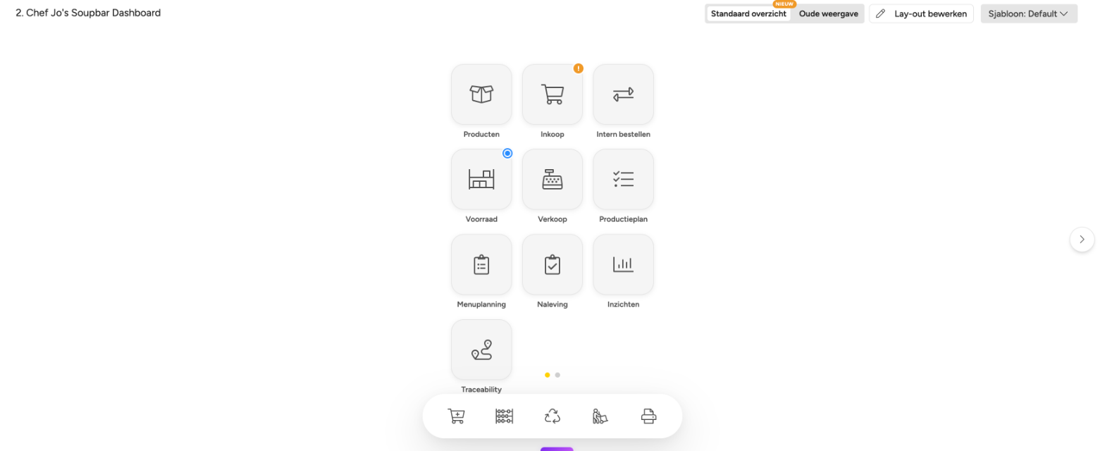 Het Hoofddashboard in de Nederlandse interface met de categorietegels, een oranje waarschuwingsbadge op Inkoop, een blauwe stip voor een lopende telling op Voorraad, de sneldock en de weergaveschakelaar Standaard overzicht in de kop