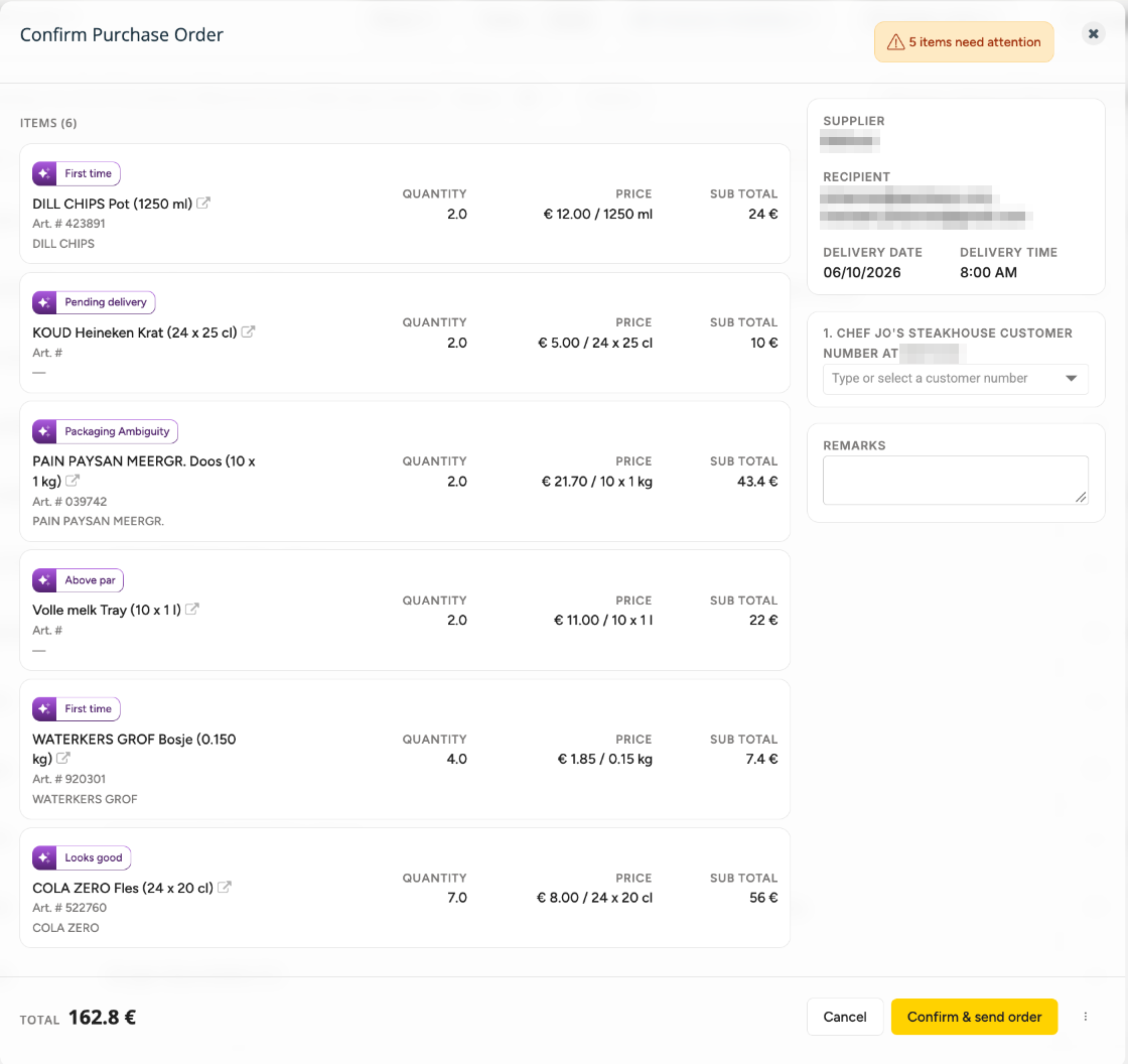 Confirm Purchase Order with the flagged lines on top and the badge 5 items need attention