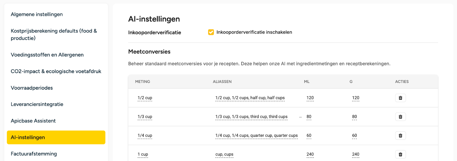 Bibliotheekinstellingen, tabblad AI-instellingen, met Inkooporderverificatie inschakelen aangevinkt in de rij Inkooporderverificatie
