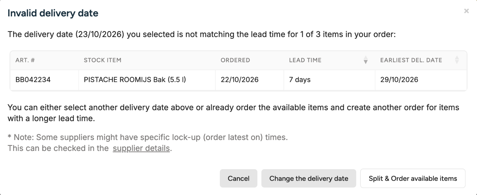 The Invalid delivery date window: the delivery date 23/10/2026 does not match the lead time for 1 of 3 items, PISTACHE ROOMIJS with a lead time of 7 days and earliest delivery date 29/10/2026, and the buttons Cancel, Change the delivery date and Split & Order available items