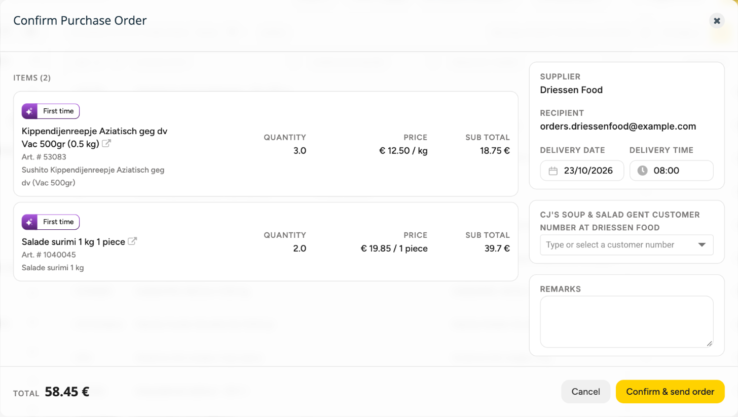 The Confirm Purchase Order step with the supplier, the recipient, the editable Delivery Date and Delivery Time, the customer number field, Remarks, the total 58.45 € and the buttons Cancel and Confirm & send order