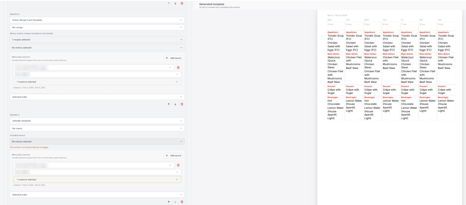 Links een receptkaartsectie en een kalendersectie op Per menu, allebei met dezelfde menu plan source; rechts de gegenereerde kalenderpagina met één week en de gangen en recepten per dag (Engelstalige schermafbeelding)