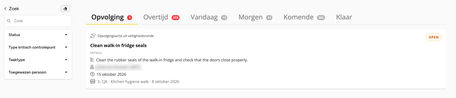 De pagina Taken van een filiaal op het tabblad Opvolging, met één open kaart Opvolgingsactie uit veiligheidsronde